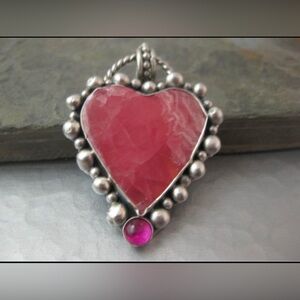 Handcrafted Rhodochrosite and Ruby Sterling Heart Metalwork Pendant